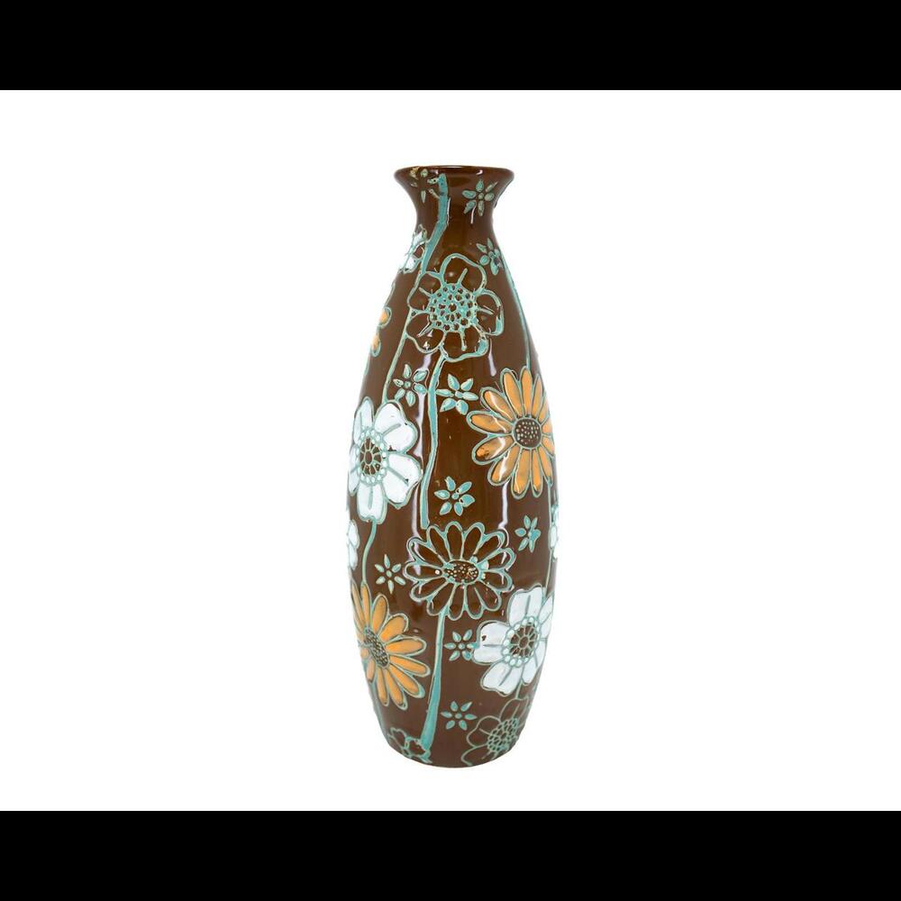 Retro 1970s Tall Flower Vase | Floral Motif - Handmade Brown Teal Yellow